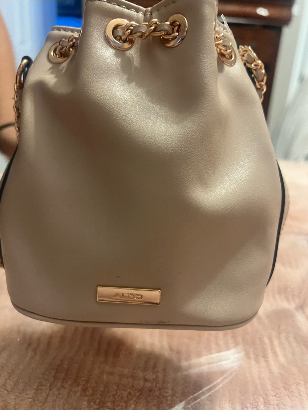 Aldo Taupe Drawstring Mini Bucket Bag with Gold Chain